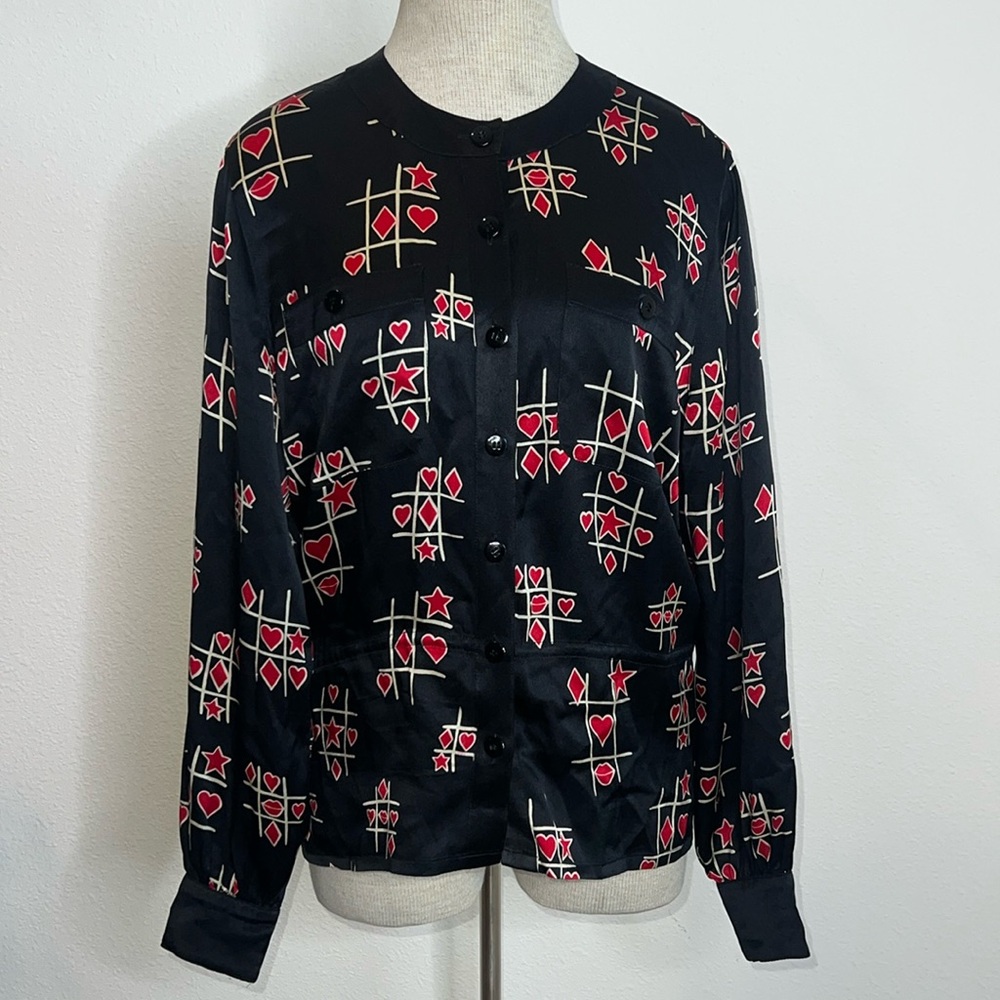 Escada Silky Tic Tac Toe Blouse with Mandarin Collar and Drawstring Waist - Picture 1 of 5